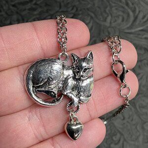 Kitty Cat and Dangly Heart Pendant Necklace